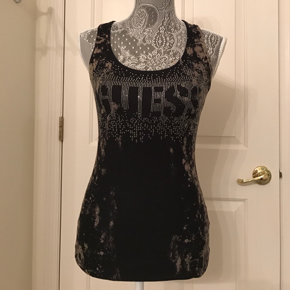 Guess Black Distressed Studded 'Guess' Logo Tank Top